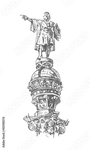 Statue of Christopher Columbus in Barcelona, Catalonia, Spain. Vector freehand pencil sketch.