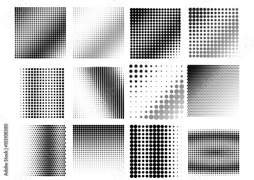 An abstract black and white halftone background.