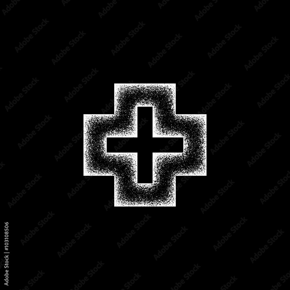 White abstract geometric shape, cross badge with film grain, noise, dotwork, grunge texture and black background for logo, design concepts, posters, banners, web and prints. Vector illustration.