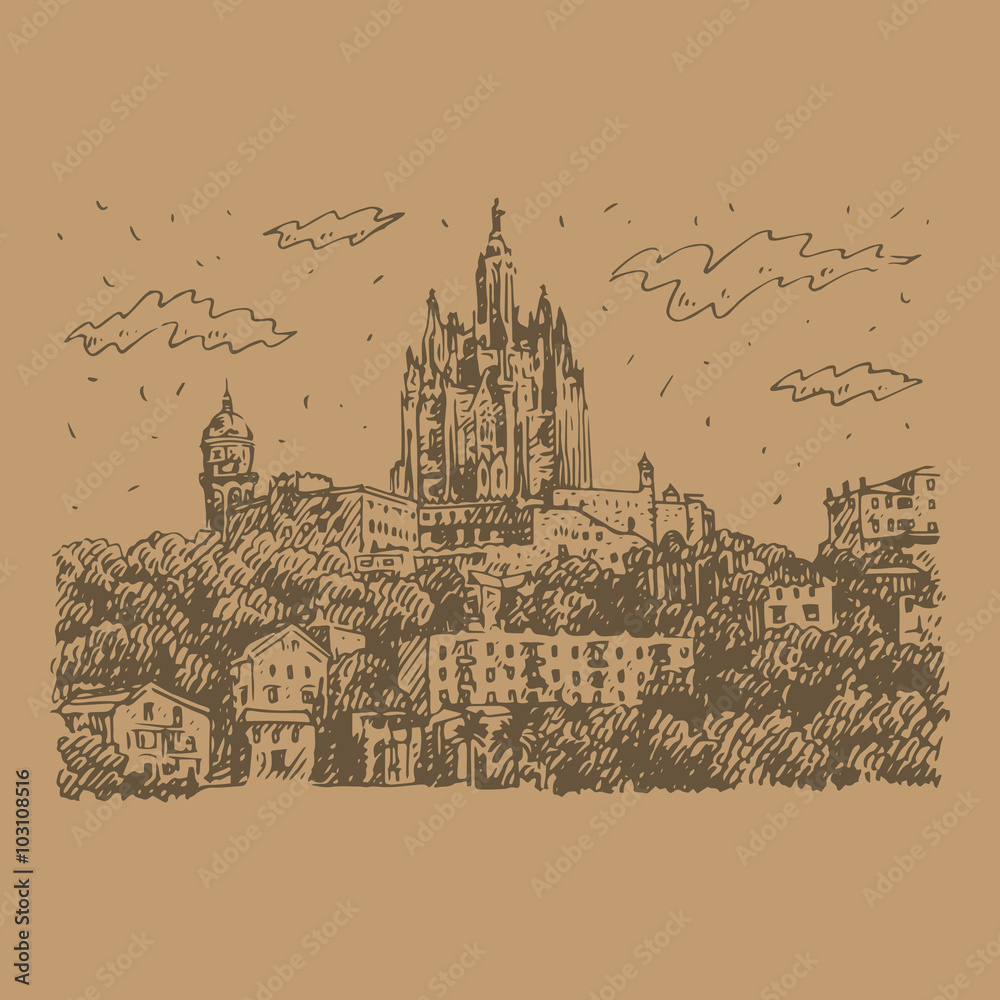 The Temple at Tibidabo in Barcelona, Catalonia, Spain. Drawn pencil sketch. Vector file The Temple at Tibidabo in Barcelona, Catalonia, Spain. Drawn pencil sketch. Vector file