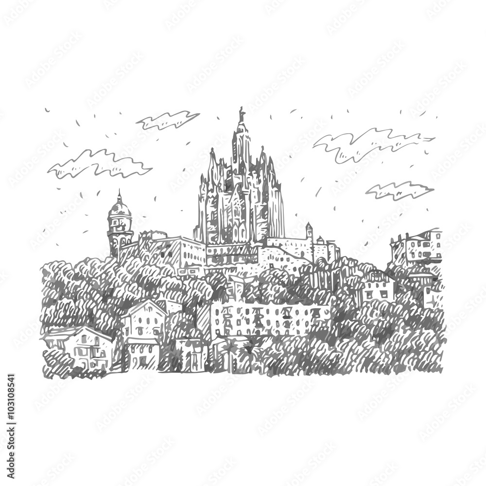 The Temple at Tibidabo in Barcelona, Catalonia, Spain. Drawn pencil sketch. Vector file