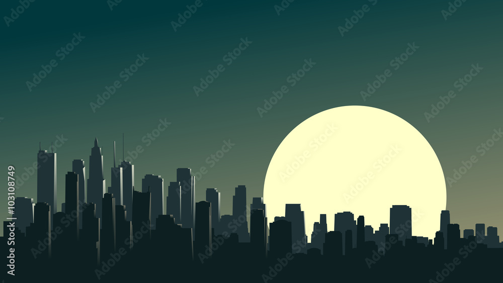 Abstract illustration of big city at night with moon.