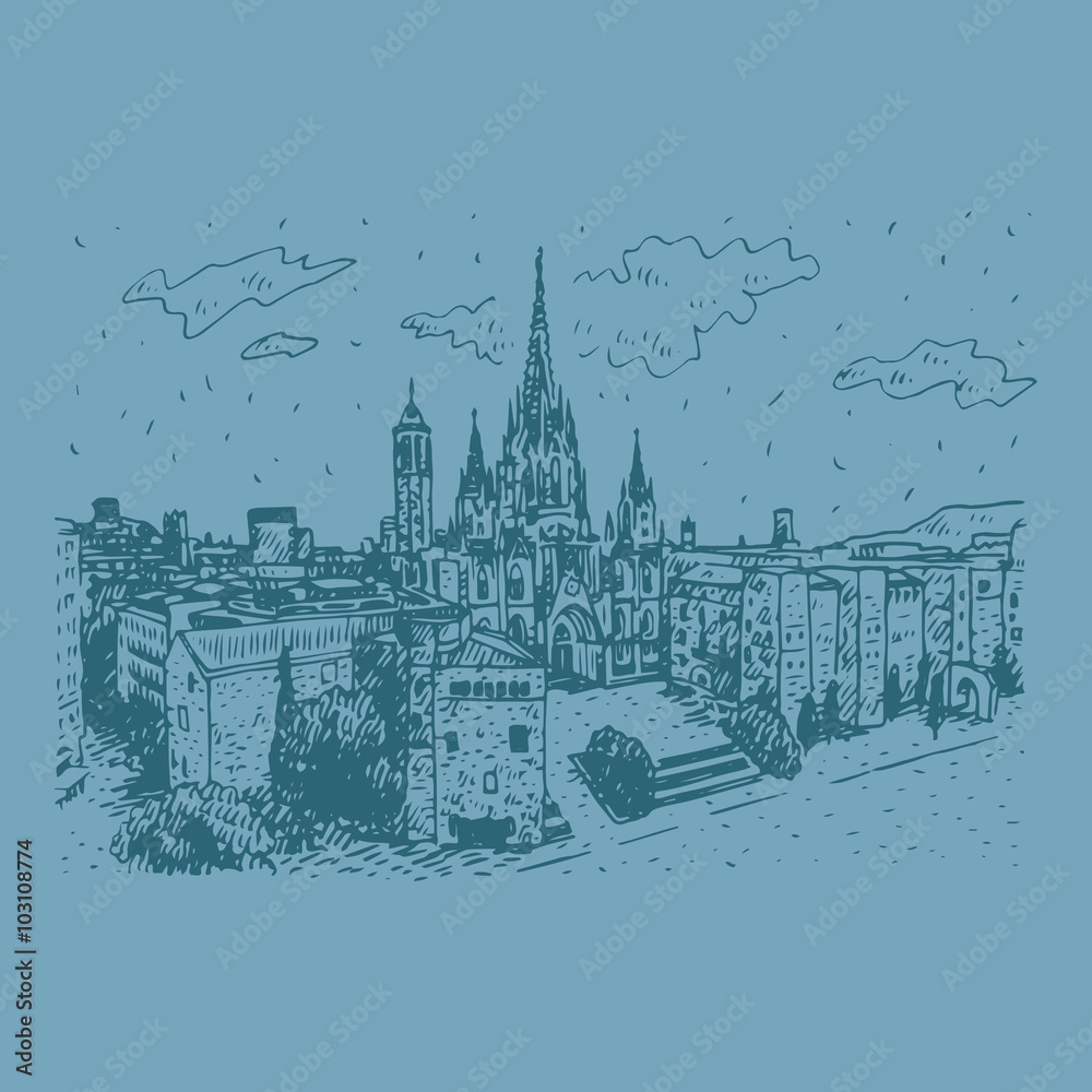 The Cathedral of the Holy Cross and Saint Eulalia in Barcelona, Spain. Drawn pencil sketch. Vector file