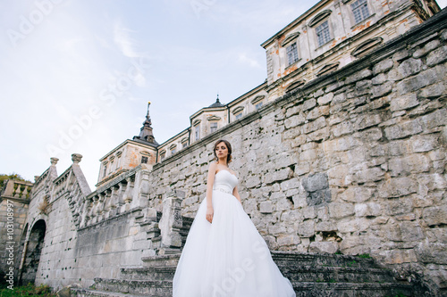 Elegant stylish sweet young beautiful happy bride in amazing wedding dress stands on the old palace. Wedding day © Yevhenii Kukulka