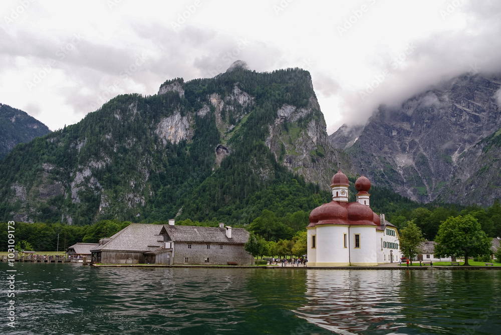St. Bartholomae church at mountain lake Koenigssee, Bavaria, Germany