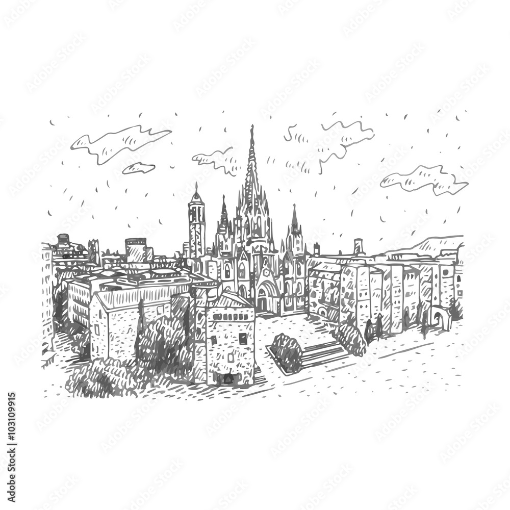 The Cathedral of the Holy Cross and Saint Eulalia in Barcelona, Spain. Drawn pencil sketch. Vector file