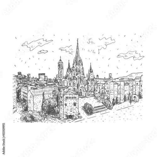 The Cathedral of the Holy Cross and Saint Eulalia in Barcelona, Spain. Drawn pencil sketch. Vector file