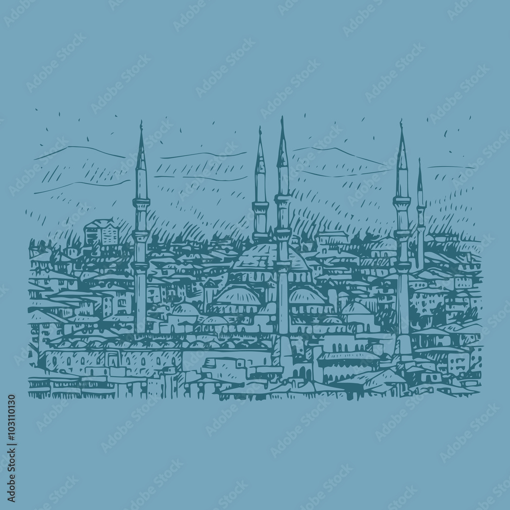 The Kocatepe Mosque, Ankara,Turkey. Vector freehand pencil sketch.
