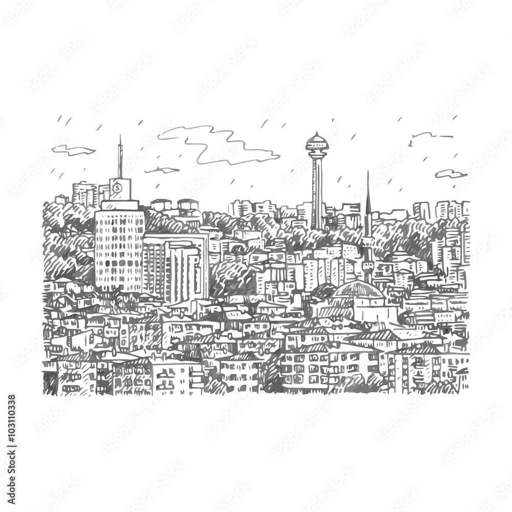 View of Ankara, capital city of Turkey. Vector freehand pencil sketch.