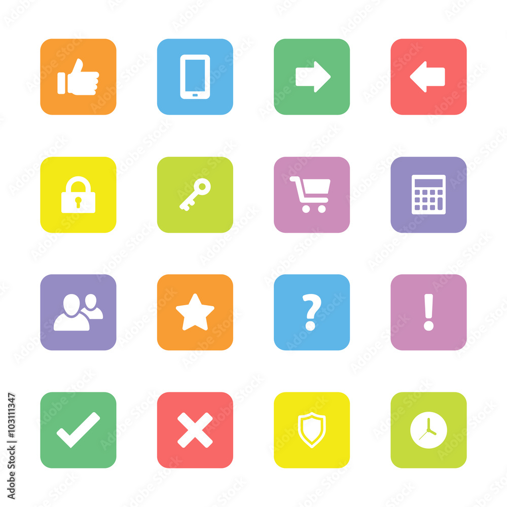 Colorful simple flat icon set 2 on rounded rectangle for web design, user interface UI, infographic and mobile application Colorful simple flat icon set 2 on rounded rectangle for web design, user interface UI, infographic and mobile application