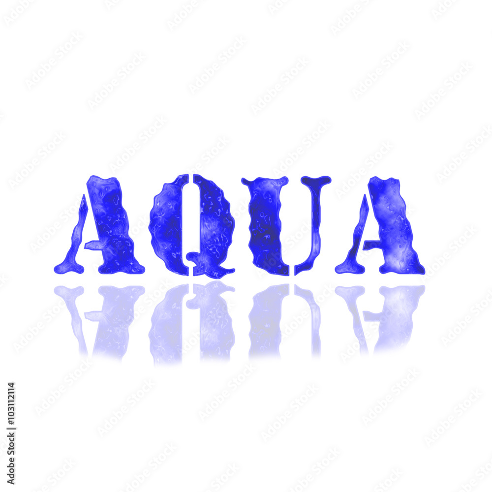 AQUA Графическое слово, выполненное с имитацией воды и капель синий, голубой, аквамариновый цвет на белом фоне.