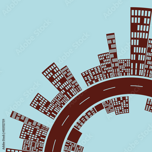 City street blue day, a stylized illustration of a downtown curve, with a city skyline on each side of the road