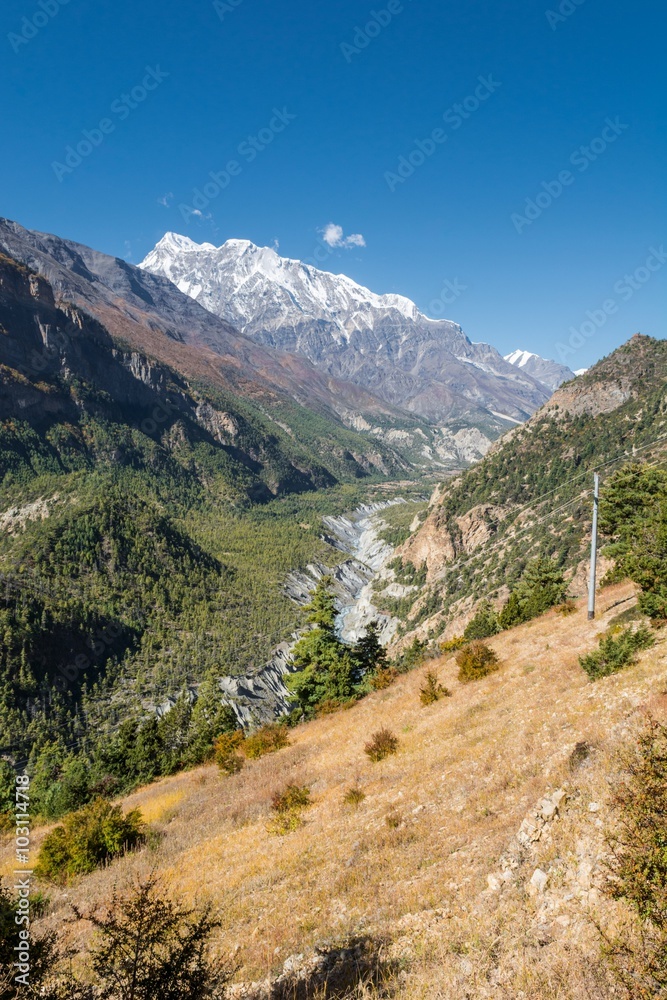 Wide mountain valley with river flowing through.