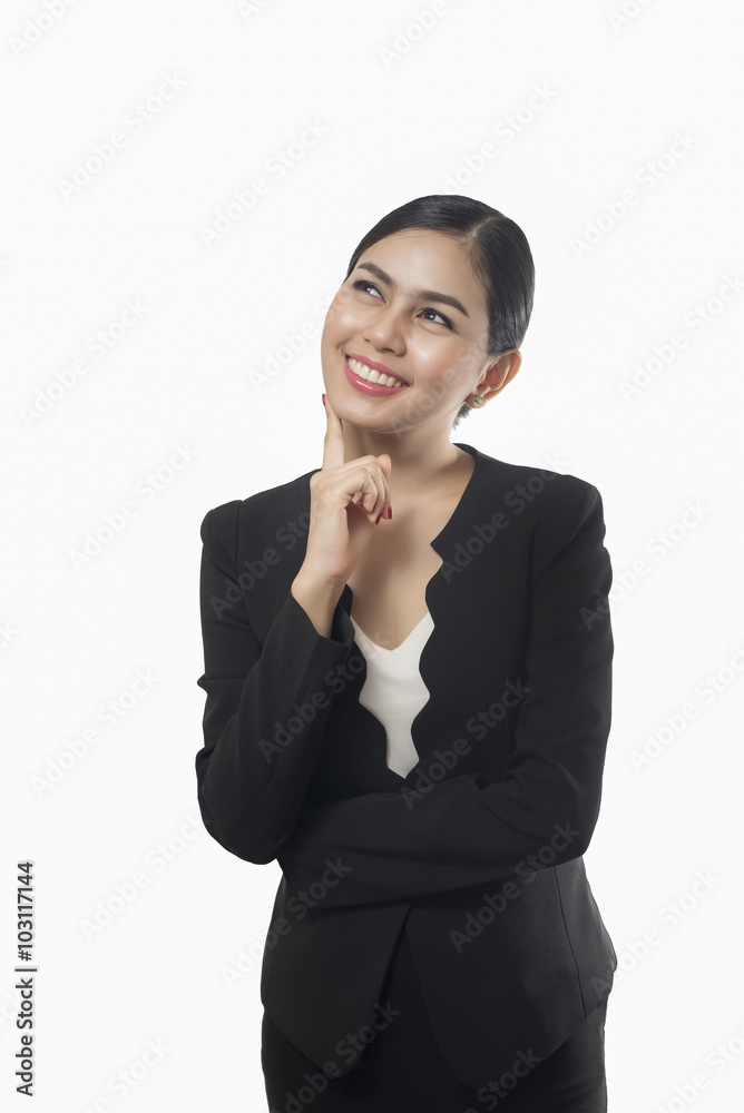 business woman thinking isolated on white background, asian beau business woman thinking isolated on white background, asian beau