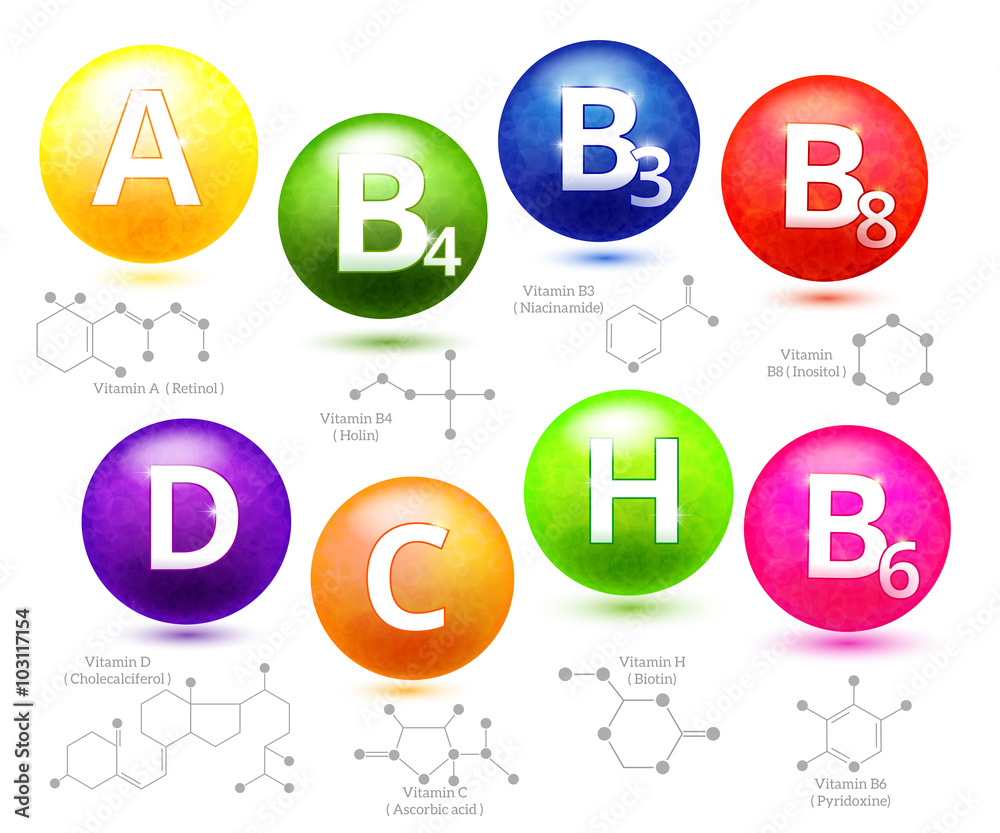 Vitamins chemical structures. Molecule vitamin, molecular chemical