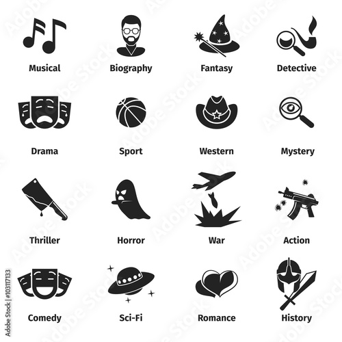 Movie genres vector icons. Movie film genres, comedy genre, war and romance genres, history drama film genre illustration photo