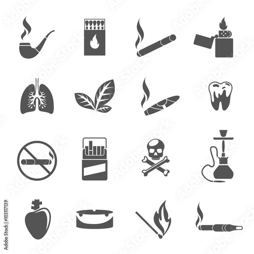 Smoking icons and tobacco icons vector. Cigarette tobacco, addiction smoking, cigar tobacco illustration