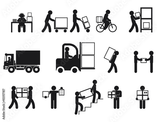 Logistic people pictograms. Logistic worker, man delivery, logistic business, vector illustration