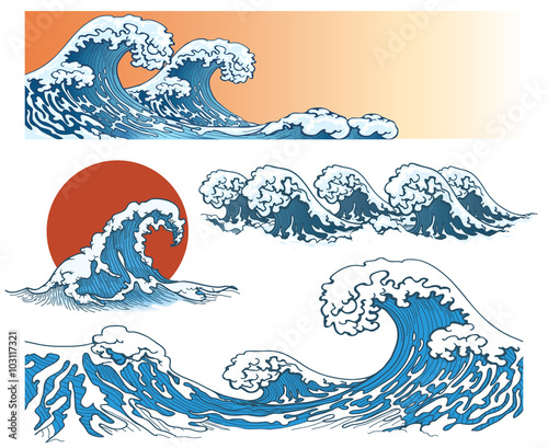 Waves in japanese style. Sea wave, ocean wave splash, storm wave. Vector illustration