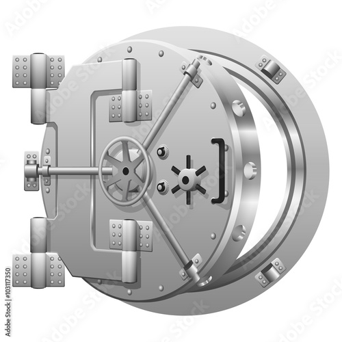Half-open bank vault door on white. Safe bank, metal door safe, lock security bank, open safe bank. Vector illustration