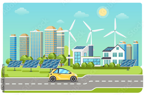 Electromobile on highway. Electric car, electro car,  windmill city, solar electromobile, driving on highway. Vector illustration
