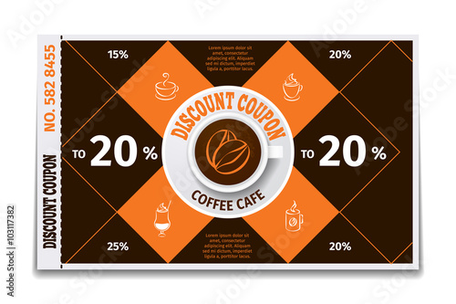Coffee cup discount coupon. Coffee discount, coupon label, paper banner coffee cup, vector illustration