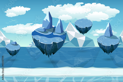 Arctic seamless cartoon landscape, endless pattern with icebergs and snow islands. Flying island landscape, nature game winter, cool interface game, panorama seamless game. Vector illustration