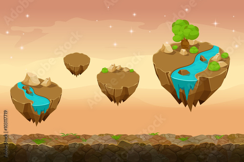 Night prairie game landscape, unending game background with rivers on the islands. Gui nature, interface landscape, travel game ui. Vector illustration