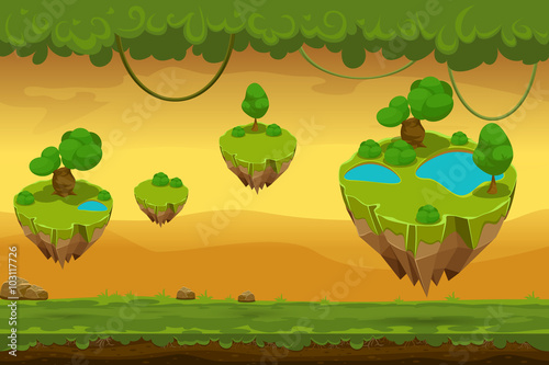 Horizontal seamless cartoon fantastic forest landscape. Nature panorama for game, liana and covering grass, landscape game. Vector illustration