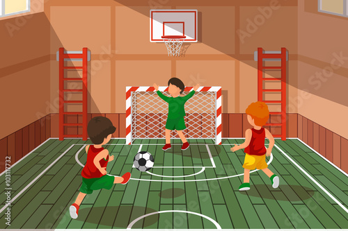 School soccer game. Kids playing soccer. Athletic stairs, school hall game, basketball and soccer area vector illustration
