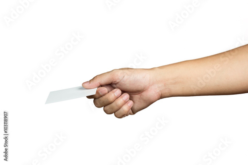 Hand holding a blank white card
