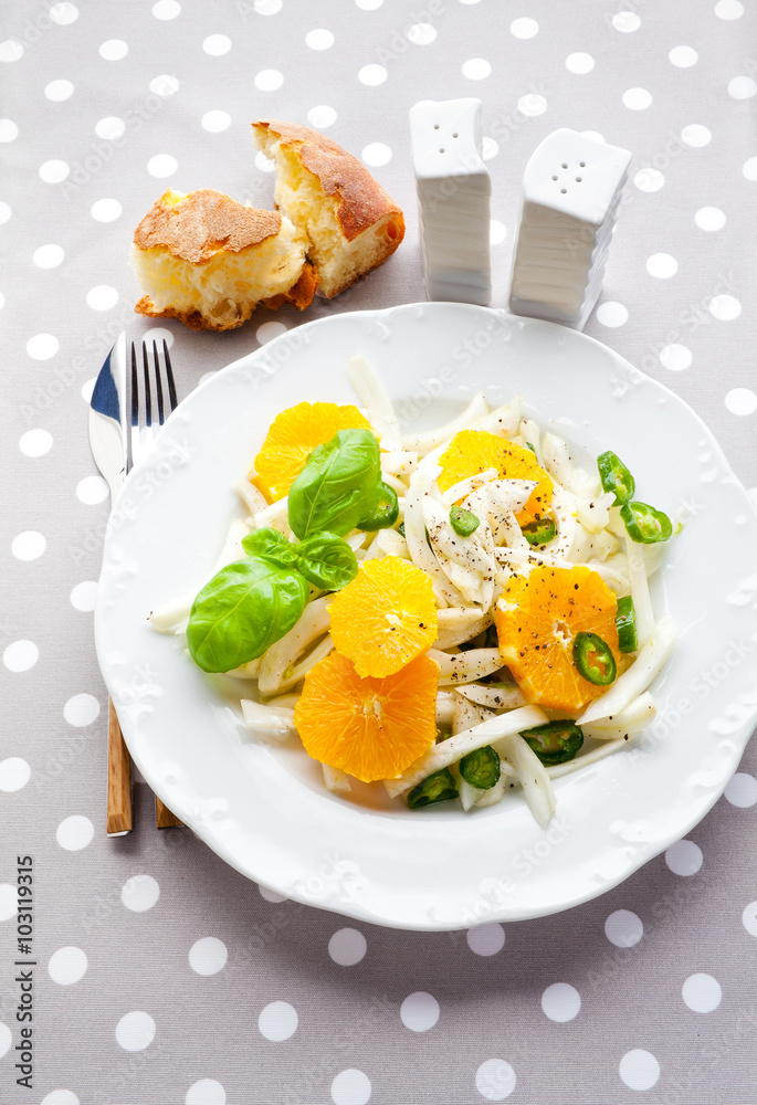 fresh salad with fennel, orange and green chili peppers. Summer fresh salad with fennel, orange and green chili peppers. Summer