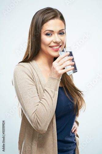 Beautiful woman drink water. Isolated portrait