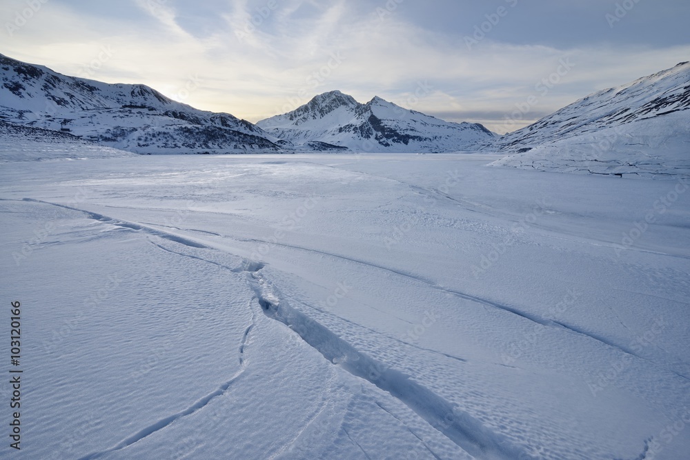 View of the Mont Cenis lake in winter - French Alps, Maurienne, Franc