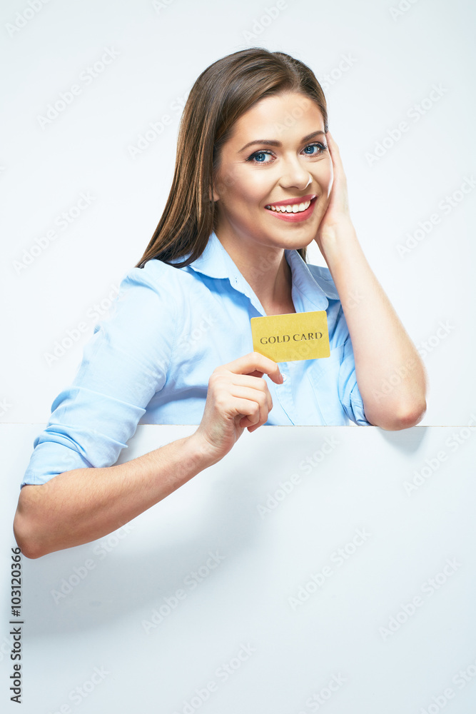 Woman show credit card. Portrait smiling business woman Woman show credit card. Portrait smiling business woman