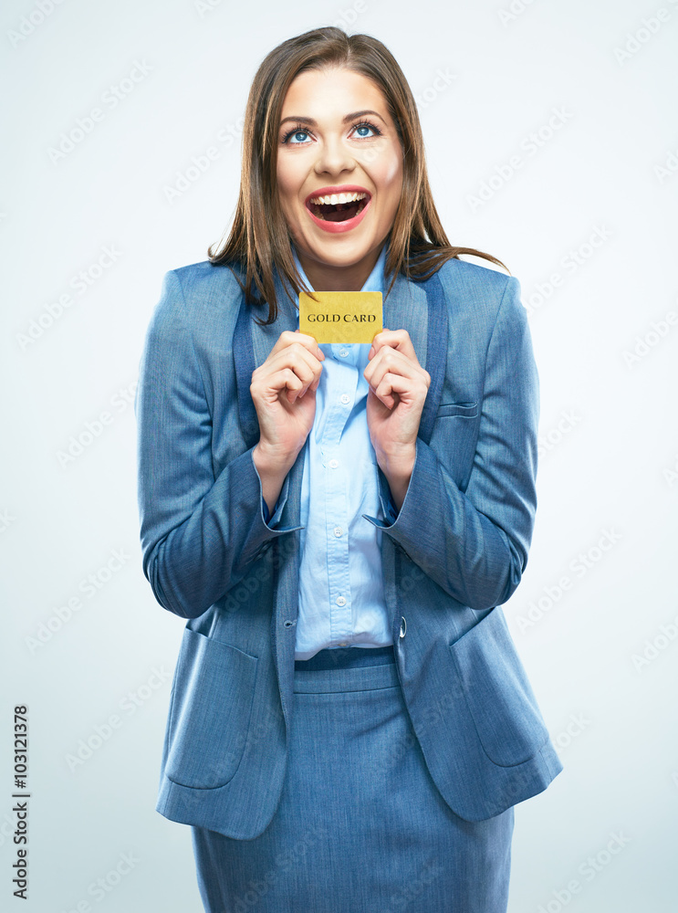 Happy business woman in suit credit card show. Happy business woman in suit credit card show.