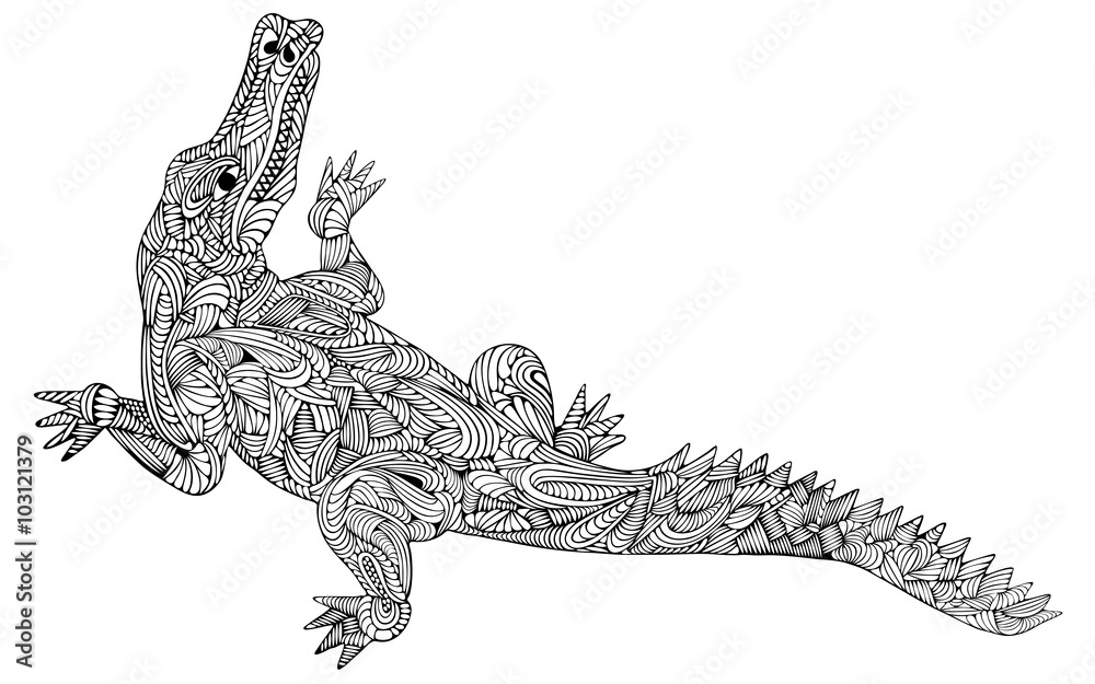 Naklejka premium Ręcznie rysowane ilustracji wektorowych z elementami geometrycznymi i kwiatowymi. Oryginalny ręcznie rysowane krokodyl.