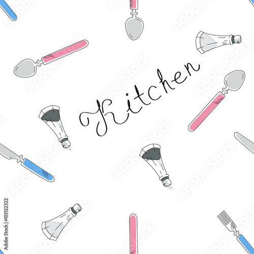 Kitchen pattern with hand drown lettering, spoon, fork, knife an