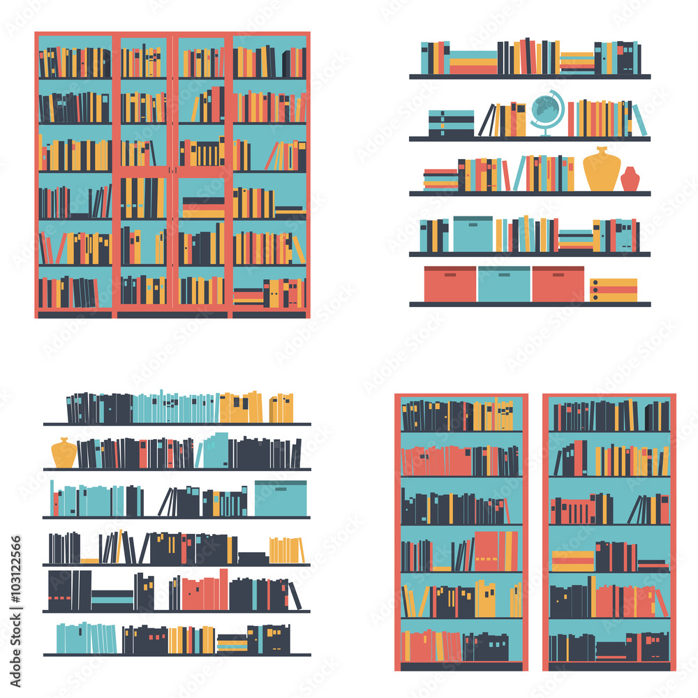 Set of bookshelves and bookcase with books. Vector illustration.
