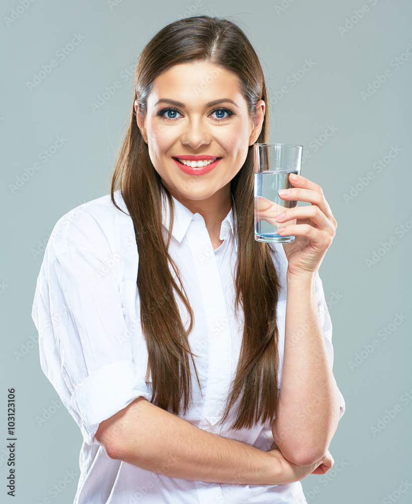 Beautiful woman white shirt dressed hold water glass. Beautiful woman white shirt dressed hold water glass.
