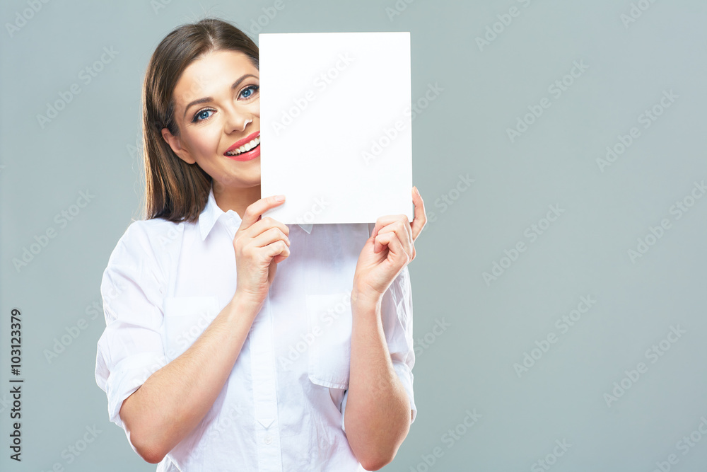 Business woman hide face behind white sign board Business woman hide face behind white sign board