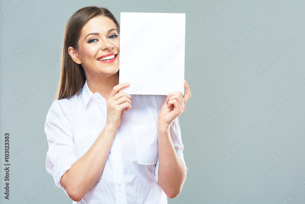 Female office worker hold white blank sign board. Female office worker hold white blank sign board.