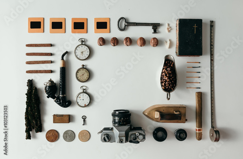 Creative arrangement of vintage travel things photo