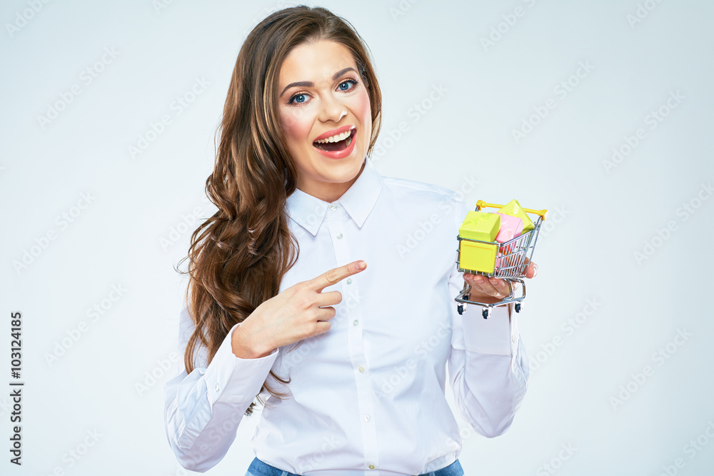 Beautiful young woman holding cart market with pesents. Beautiful young woman holding cart market with pesents.