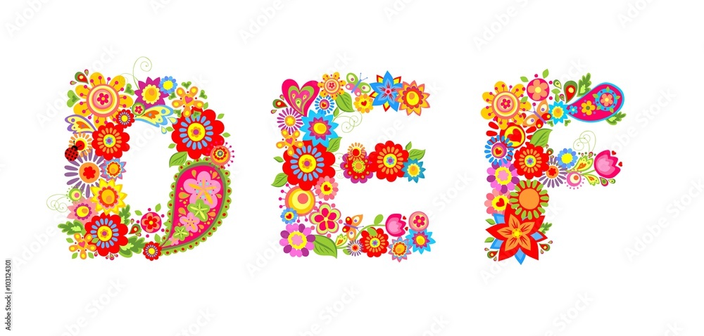 Floral alphabet with letter D, E, F Floral alphabet with letter D, E, F