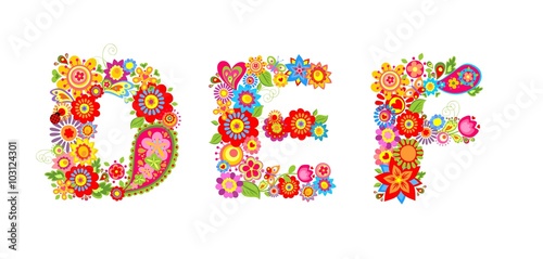 Floral alphabet with letter D, E, F