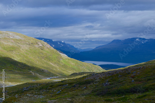 River meandering through a green tundra valley in the mountains, Abisko, subarctic Swedish Lapland
