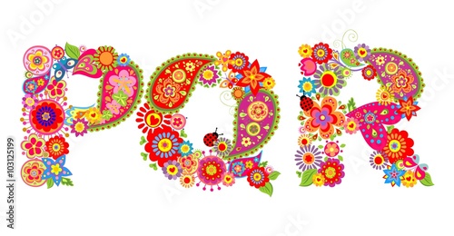 Floral alphabet with letter P, Q, R