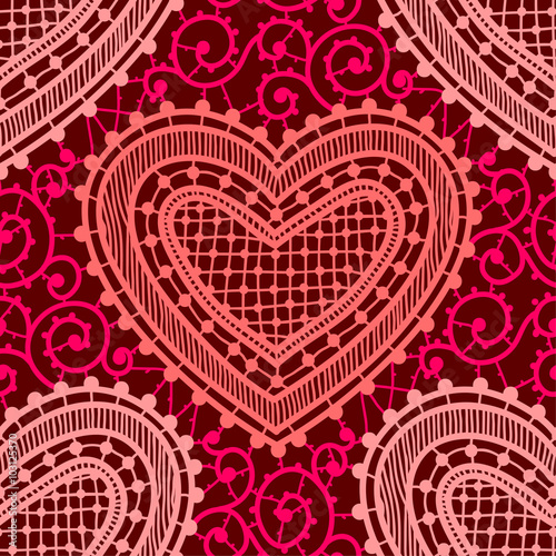 Hearts, Lace. Red Backgrounds, Seamless Pattern.