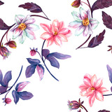 Seamless background pattern with watercolor drawings of dahlia flowers